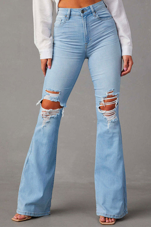 Snygga Byxor Dam Rippade Jeans Bell Bottoms Bomullsblandning-3