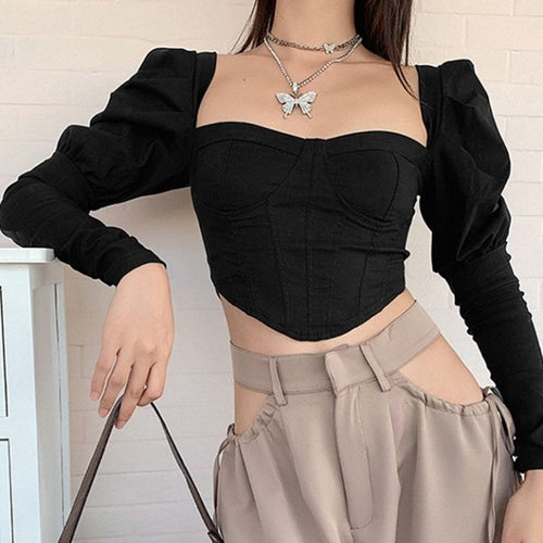 Dam Festtopp med Vinkelhalsring och Puffiga Ärmar i Polyester-1