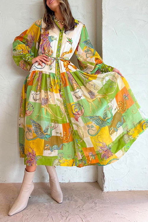 Damklänning med Ballonärmar och Grafiskt Mönster i Bomull och Polyester-2