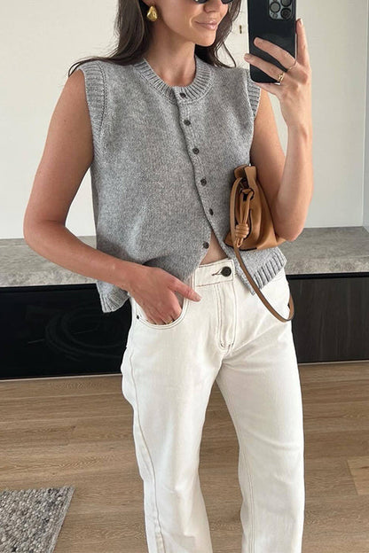 Dam Ärmlös Topp Rund Halsringning Knapplås Bomull Polyester Festtoppar-1