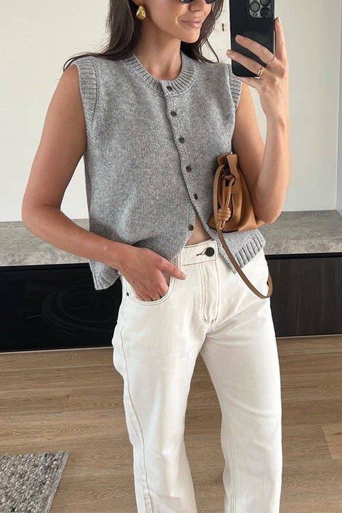 Dam Ärmlös Topp Rund Halsringning Knapplås Bomull Polyester Festtoppar-1