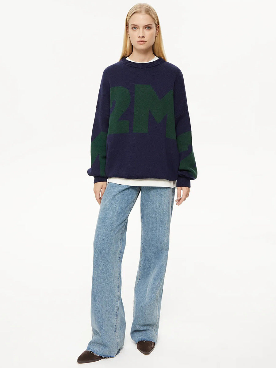 Stickad Dam Tröja Färgblock Lös Passform Vinter-4