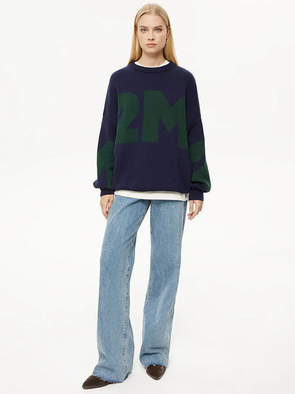 Stickad Dam Tröja Färgblock Lös Passform Vinter-4