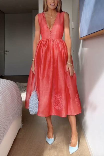 Dam Midi Klänning Ärmellös V-Ausschnitt Bomull Polyester-2