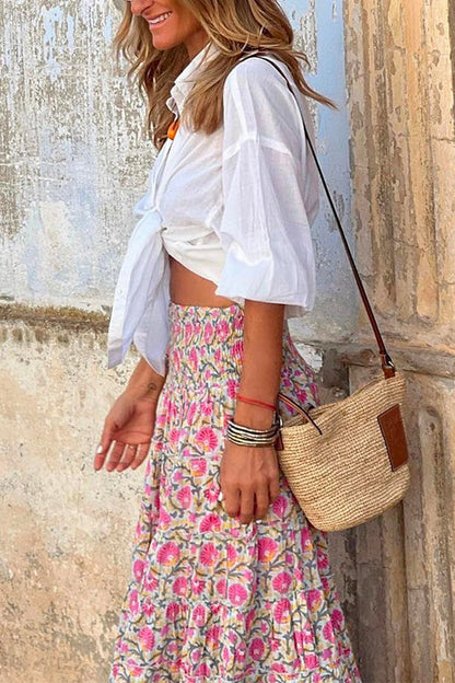 Dam Maxi Kjol Blommönster Elastisk Bomull Polyester-4