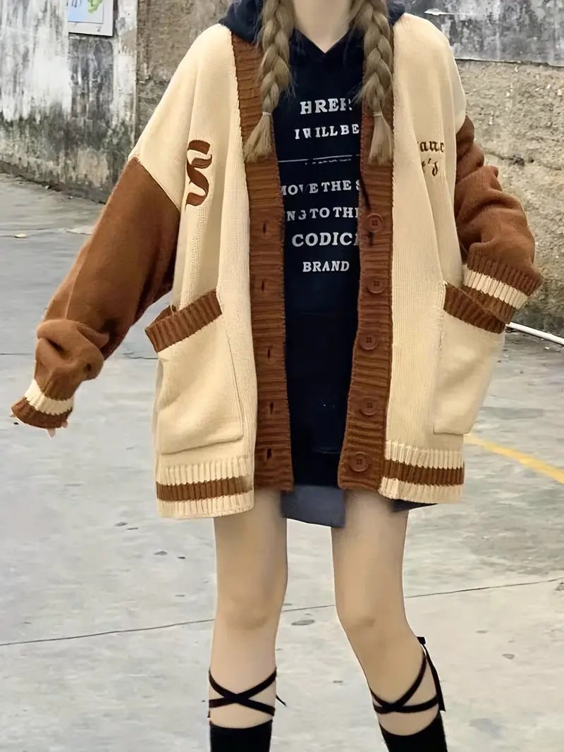 Dam Cardigan Färgblock Broderad Högkvalitativt Tyg-5