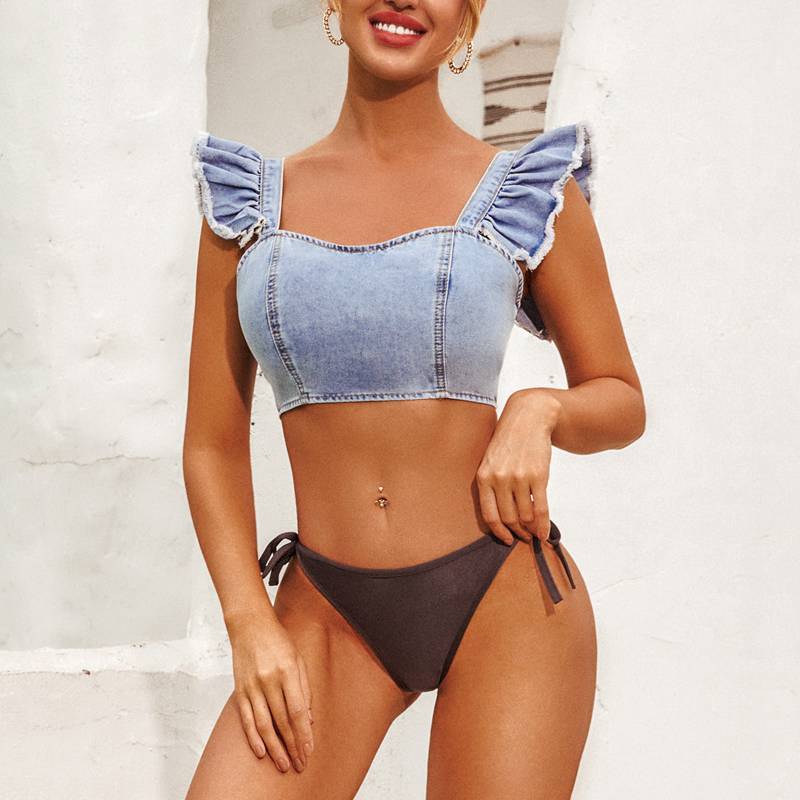 Topp för Dam Korta Ärmar Denim Festtoppar-2