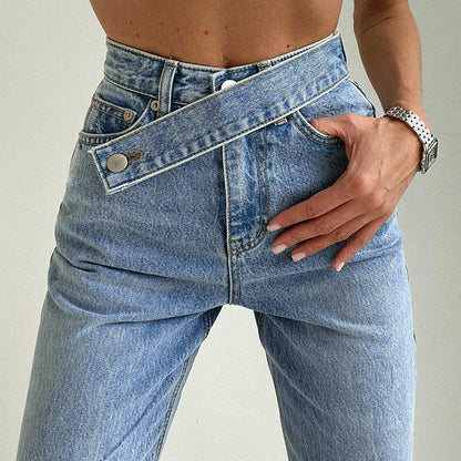 Damjeans Hög Midja med Oregelbundet Bälte – Rak Snitt, 100% Bomull, Avslappnad Passform, Mångsidiga Stilar 4