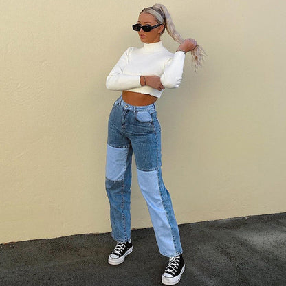 Kvinnors Höga Midjejeans Raka Ben Denim-3
