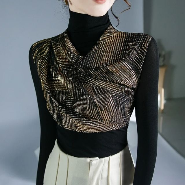 Dam Draperad Turtleneck Glittrig Topp med Paljetter för Festtoppar-5