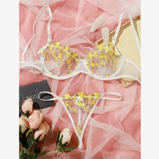 Damunderkläder Set med Blommor och Broderi Snygga Underkläder Dam Spets och Satin-5