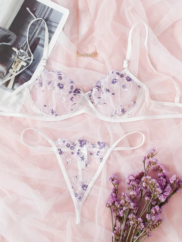 Damunderkläder Set med Blommor och Broderi Snygga Underkläder Dam Spets och Satin-3