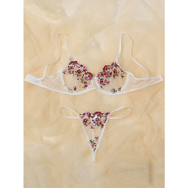 Damunderkläder Set med Blommor och Broderi Snygga Underkläder Dam Spets och Satin-2