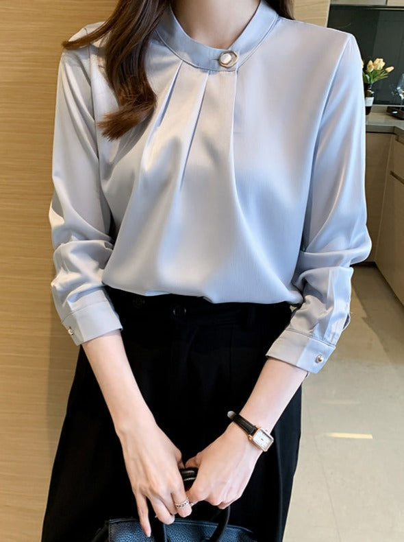 Dam Blus Elegant Syntetmaterial Lång Ärmar-3