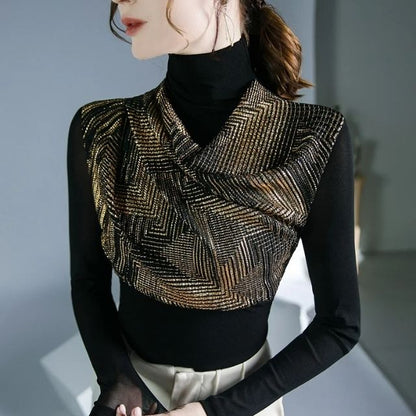 Dam Draperad Turtleneck Glittrig Topp med Paljetter för Festtoppar-6