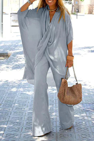 Variant image for Dam Tvådelad Uppsättning Asymmetrisk V-ringning Halvärmar Luftigt Tyg-13