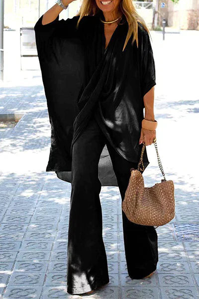 Variant image for Dam Tvådelad Uppsättning Asymmetrisk V-ringning Halvärmar Luftigt Tyg-9