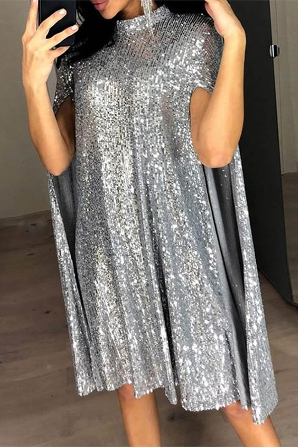 Dam Lång Klänning Lapptäck Design Polyester med Mandarinkrage-1