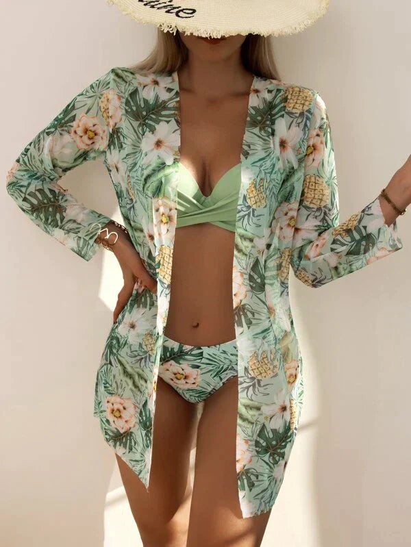 Dam Bikiniuppsättning med Blommönster och Kimono i Snabbtorkande Material-4
