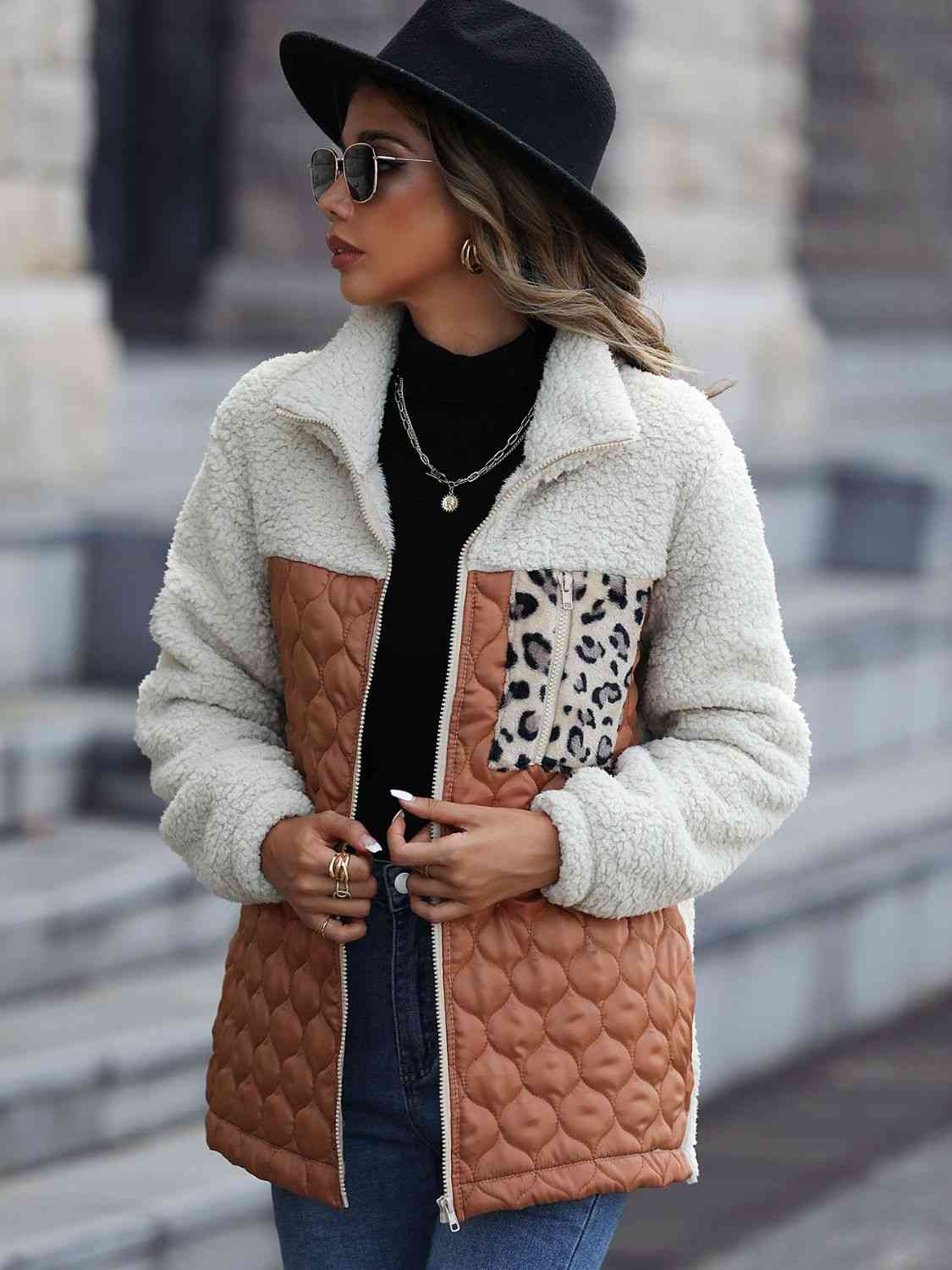 Vårjacka Dam Färgblock Leopardmönster Polyester Zip Jacka-3