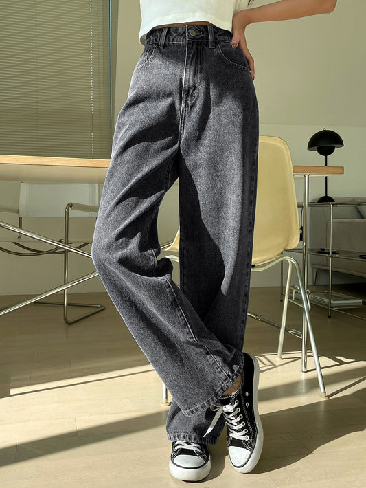 Dam Jeans Med Hög Midja Bredbenade Denim-1