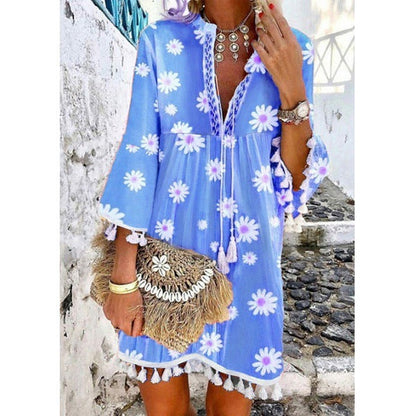 Dam Klänning Midi A-Linjeform V-ringning Tre-kvartsärmar Polyester Blommönster-6