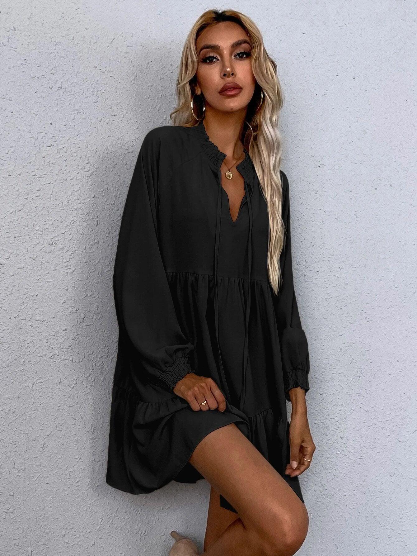 Kvinnors Klänning Puffärmar Knappkrage Högkvalitativt Tyg-5