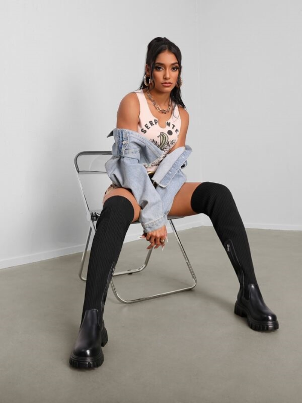 Dam Stövlar Överknä Läder Ergonomisk Design-6