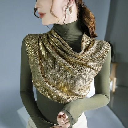 Dam Draperad Turtleneck Glittrig Topp med Paljetter för Festtoppar-2