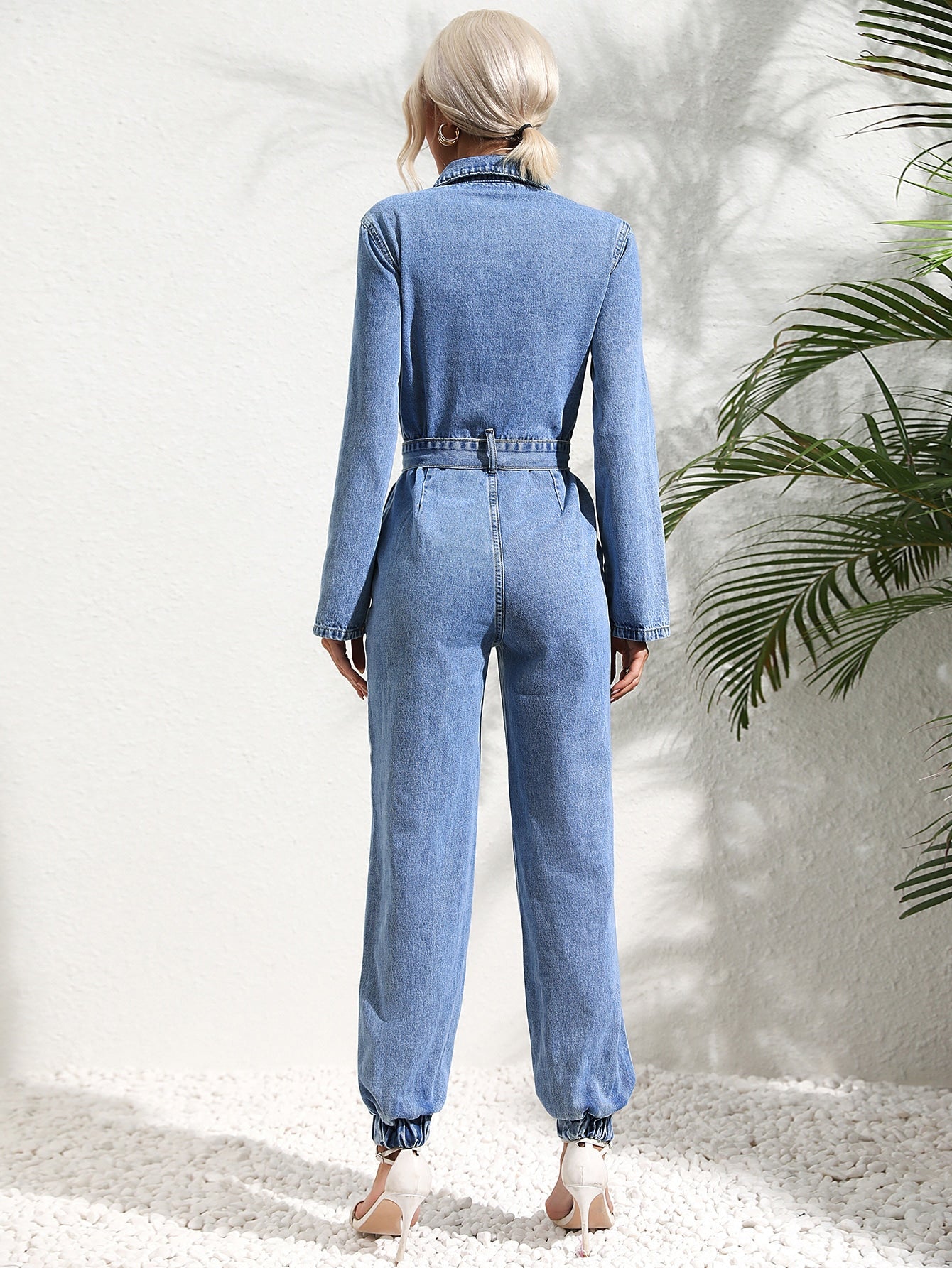 Dam Jumpsuit Avslappnad Stil med Jeansbälte 100% Bomull-3