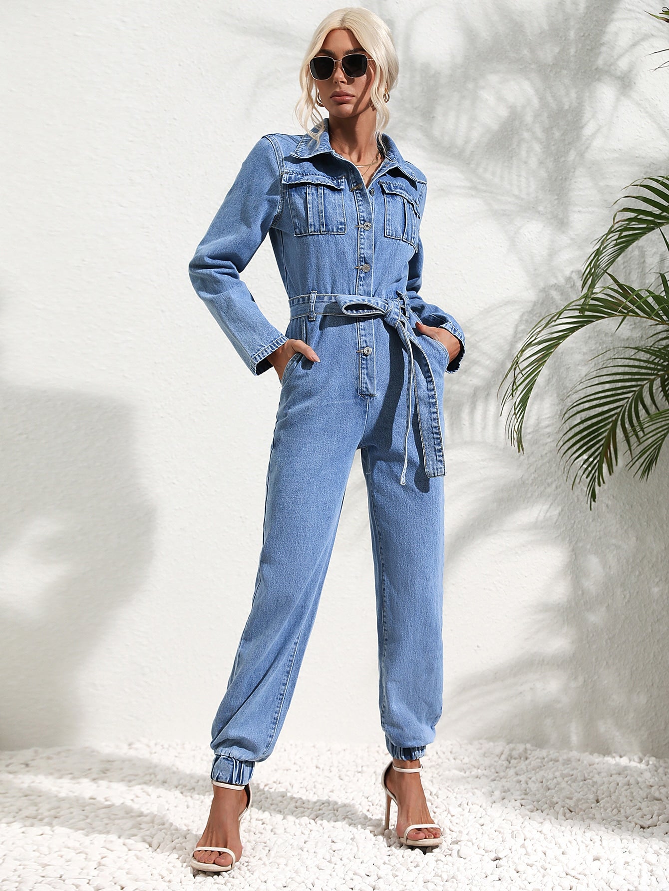 Dam Jumpsuit med Filtficka och Jeansbälte i Non-Elastiskt Material-4