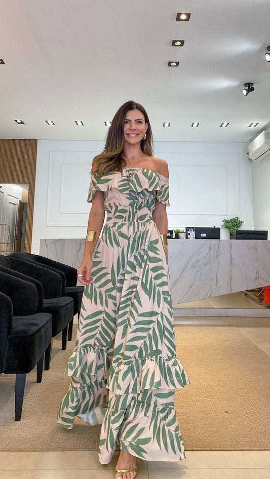 Maxiklänning Dam Bladmönster Lätt och Andningsbar Tyg-1