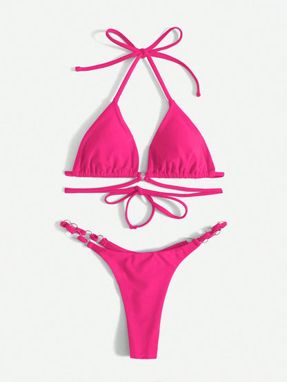 Dam Triangelbikini med Justerbara Bärare och Ringdetalj i Högkvalitativt Elastiskt Tyg-1