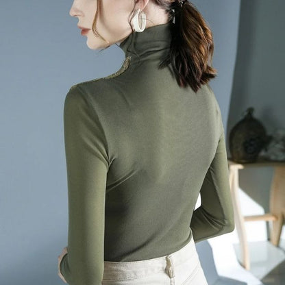 Dam Draperad Turtleneck Glittrig Topp med Paljetter för Festtoppar-4