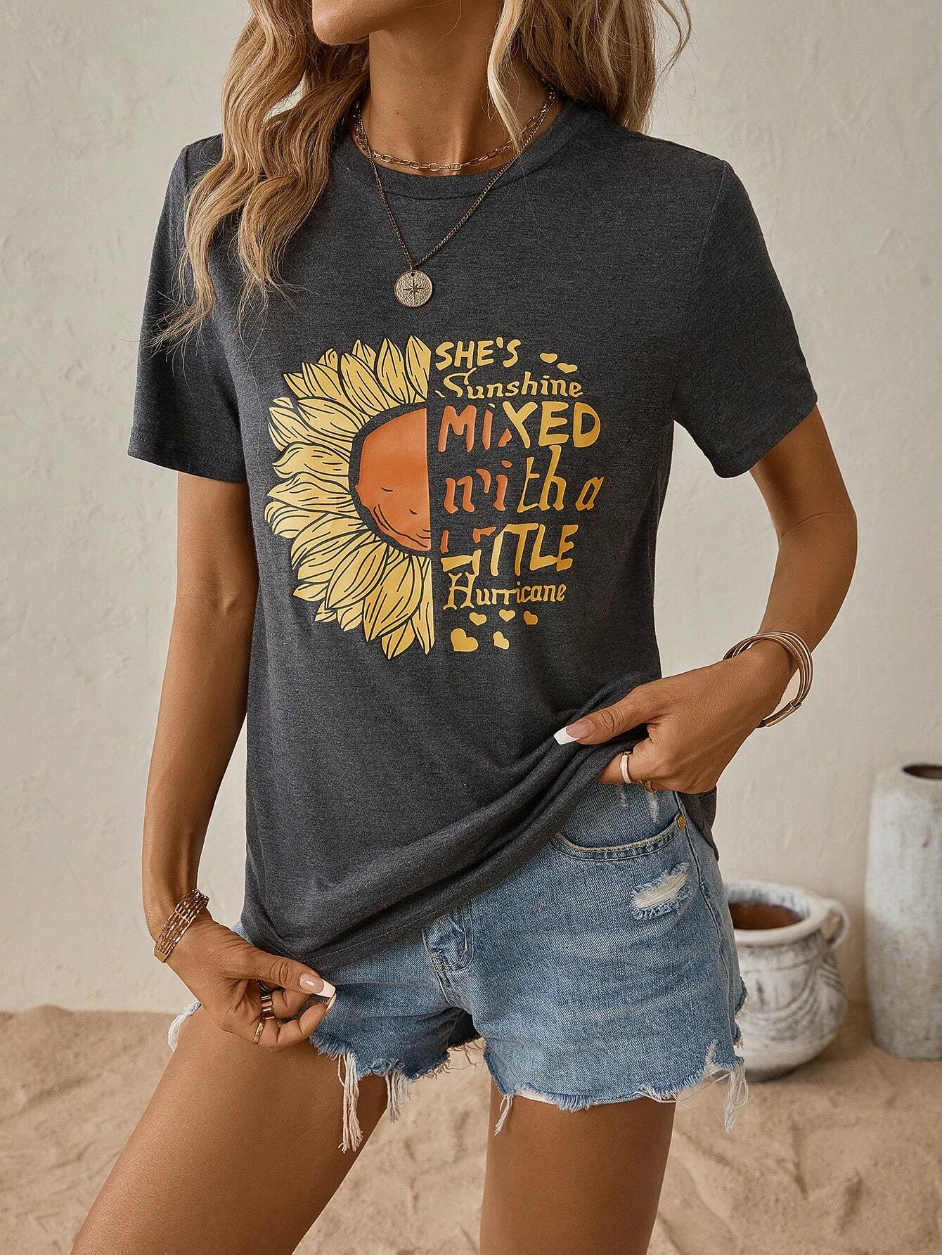 Dam T-shirt Avslappnad Stil 100% Bomull med Grafiska Solrosor-3