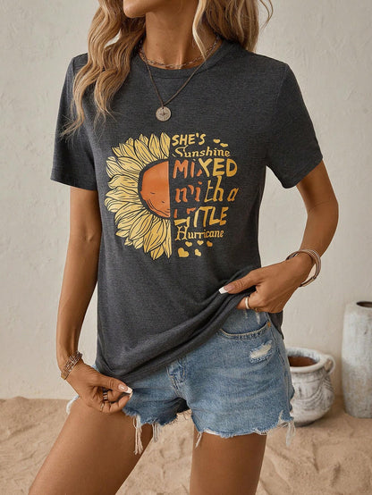 Dam T-shirt Avslappnad Stil 100% Bomull med Grafiska Solrosor-3