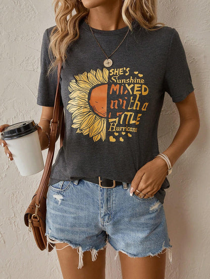 Dam T-shirt Avslappnad Stil 100% Bomull med Grafiska Solrosor-4