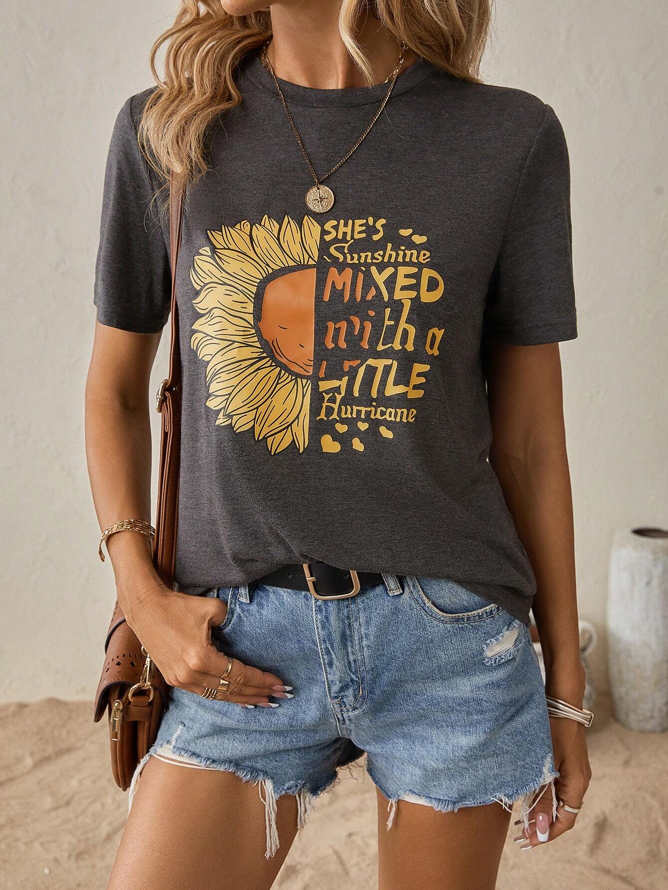 Dam T-shirt Avslappnad Stil 100% Bomull med Grafiska Solrosor-5