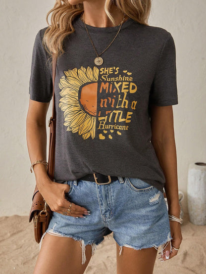 Dam T-shirt Avslappnad Stil 100% Bomull med Grafiska Solrosor-5