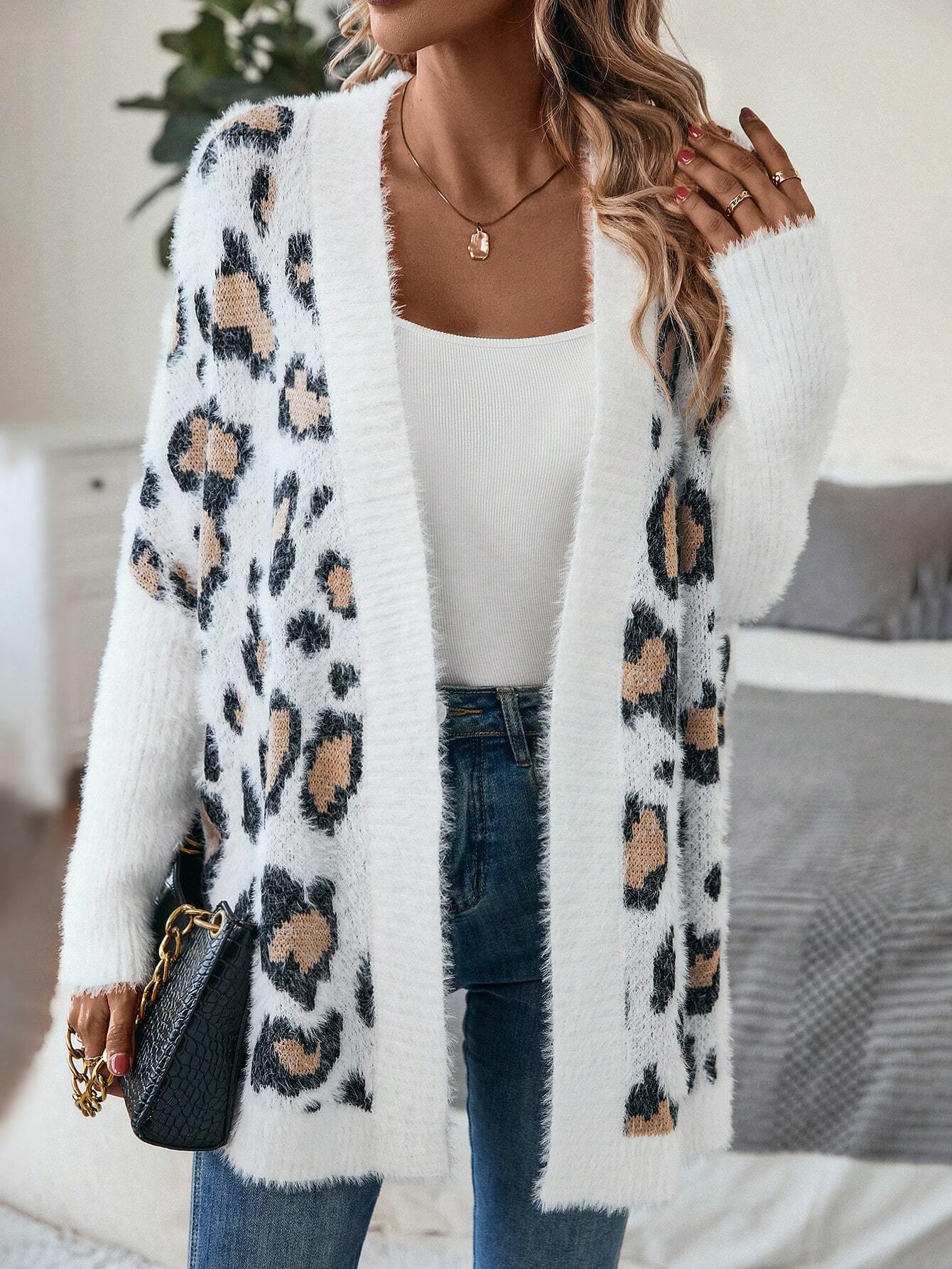 Kvinna Duster Cardigan Leopardmönster Lätt Tyg-3