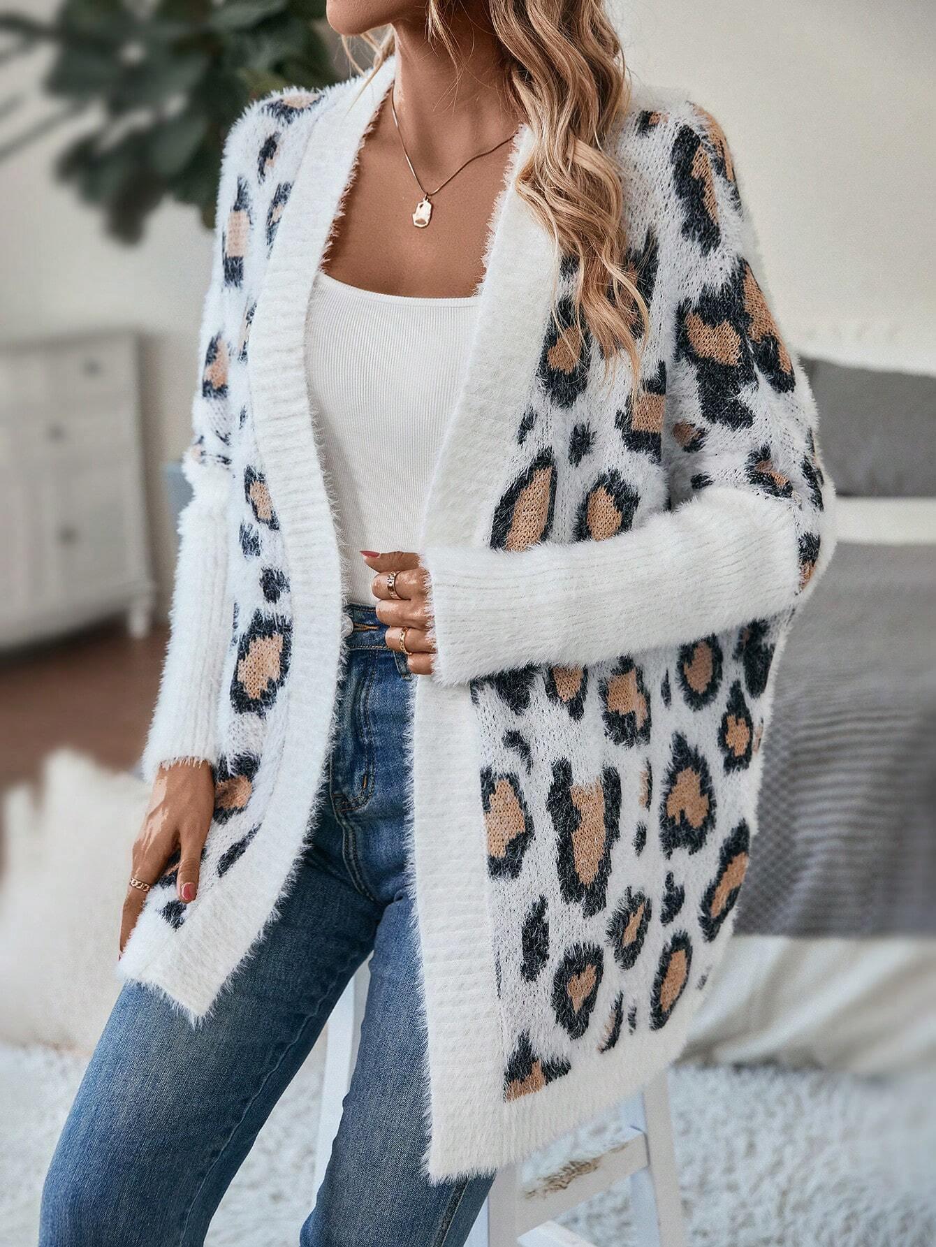 Kvinna Duster Cardigan Leopardmönster Lätt Tyg-5