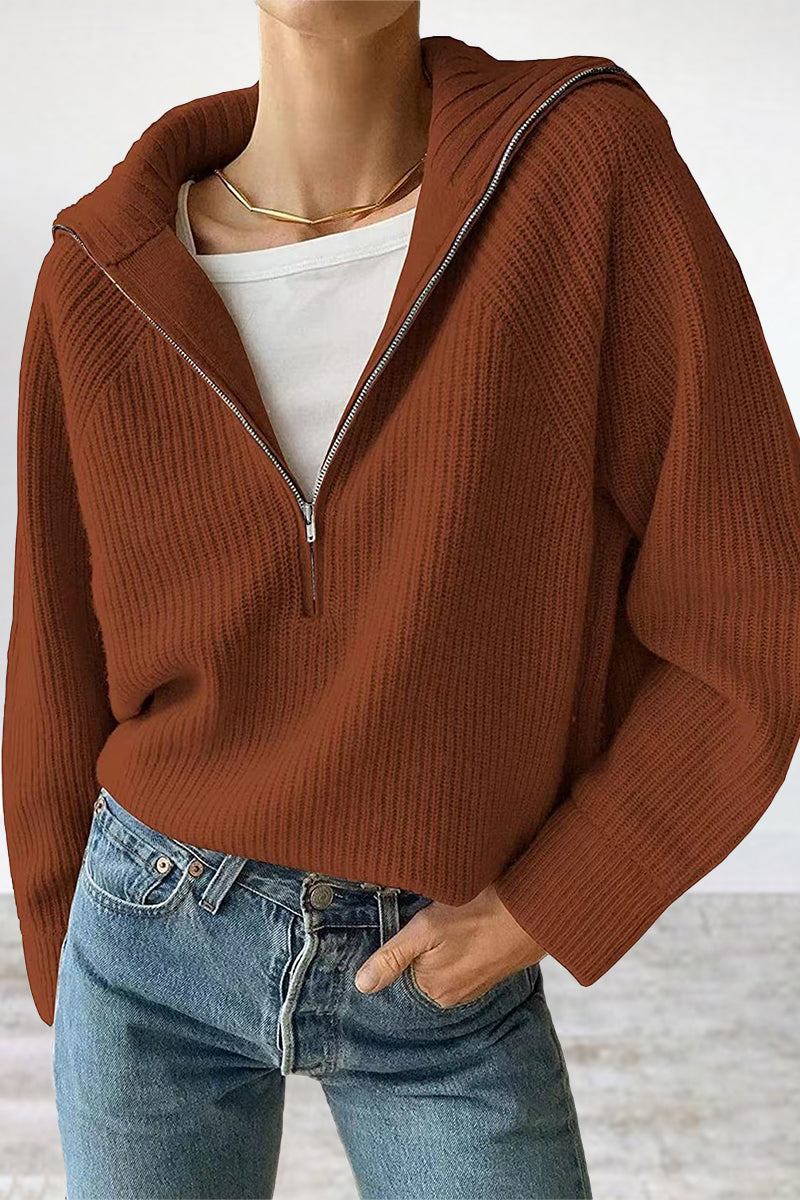 Damen-Strickpullover, Halbzip mit umgeschlagenem Kragen aus hochwertigem Material-2