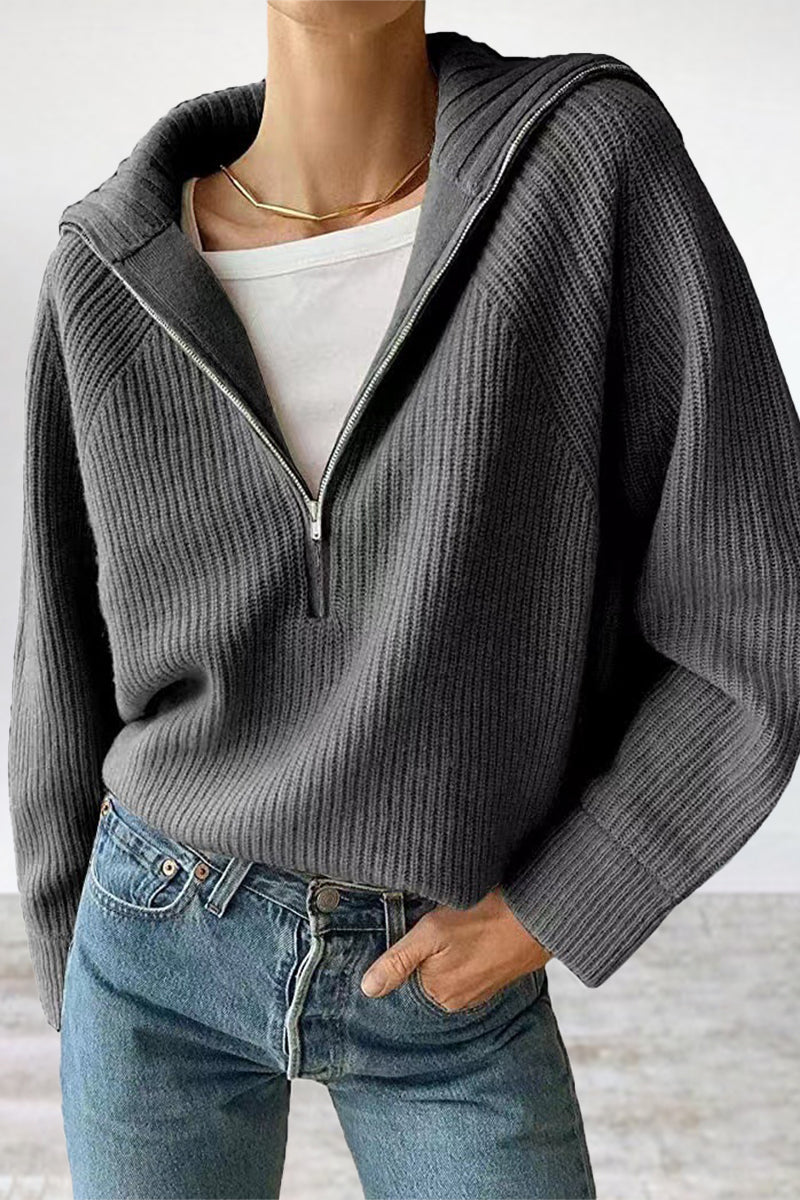 Damen-Strickpullover, Halbzip mit umgeschlagenem Kragen aus hochwertigem Material-3