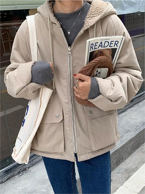 Dam Vinterjacka Reversibel Fleece med Huva och Stora Fickor-5