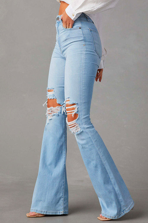 Snygga Byxor Dam Rippade Jeans Bell Bottoms Bomullsblandning-4