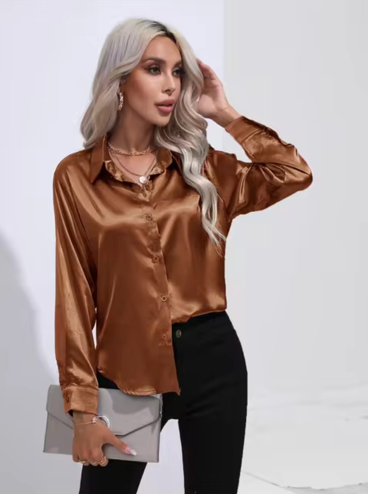 Variant image for Dam Blus Långärmad Satin Elegant V-Ringning-71