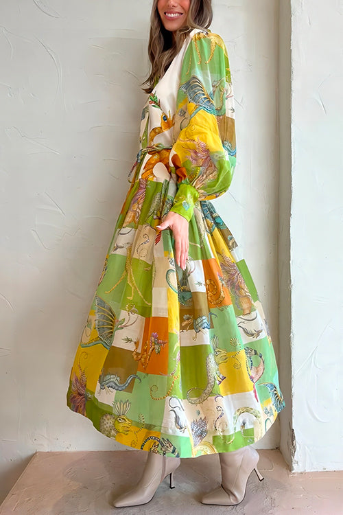 Damklänning med Ballonärmar och Grafiskt Mönster i Bomull och Polyester-3