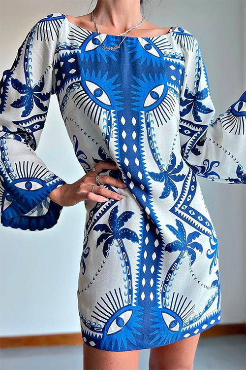 Kvinna Mini Klänning Långa Ärmar Mönstrad Bomull Polyester-2