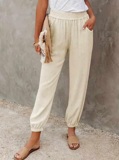 Dam Linnebyxor Hög Midja Mjuk Polyester-5