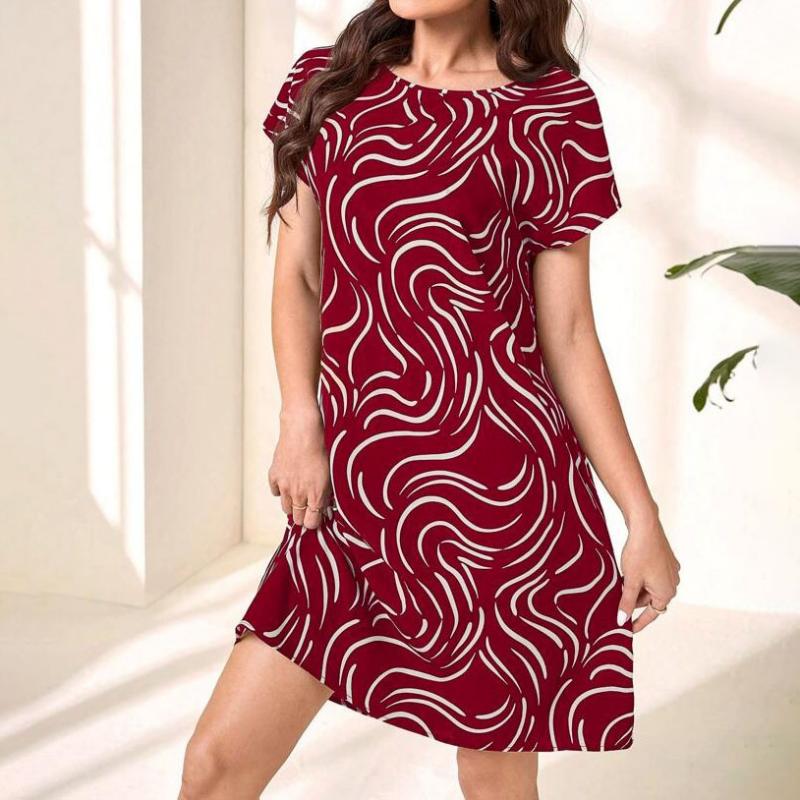 Kvinnors Midi Klänning Cirkulär Halsringning Mjuk Elastisk Tyg med Patrulldetalj-4